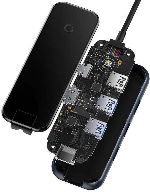 Hub 6in1 Baseus AcmeJoy serijos USB-C iki 2xUSB 3.0 + USB 2.0 + USB-C PD + HDMI + RJ45 (tamsiai pilka)