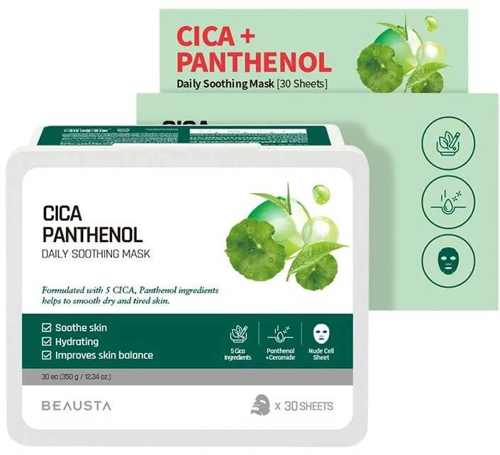 BEAUSTA Cicarecipe Daily Soothing Care Mask 30 sheets - lakštinės kaukės su Cica kompleksu, 30 vnt.