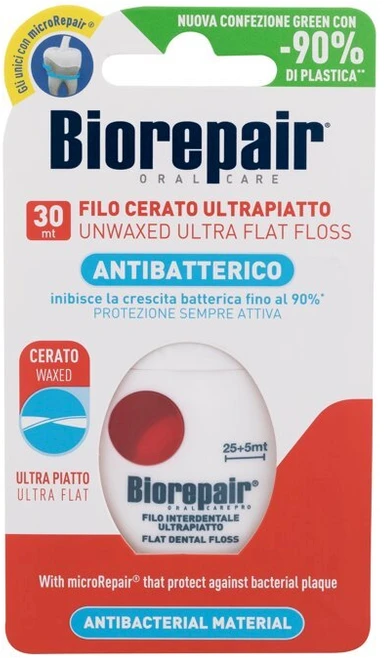 „Biorepair“ vaškuotas itin plokščias dantų siūlas, 30 m