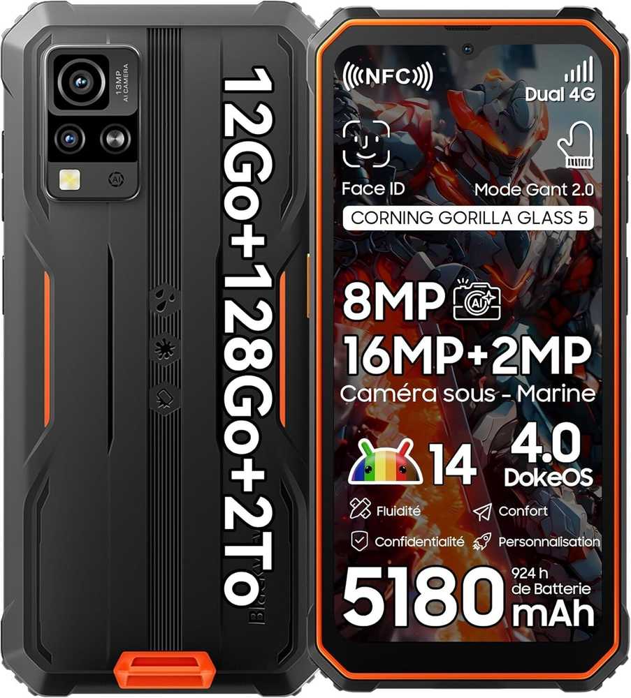 Blackview Rugged BV4800Pro LTE 6.56" HD+IPS 720x1612 60Hz GORILLA GLASS 5 T606 Aštuonių branduolių 1.6GHz 4GB/128GB KAMERA Priekinė 8MP Galinė 16MP+2MP 5180mAh Android 15 5180mAh Be įkroviklio Oranžinis