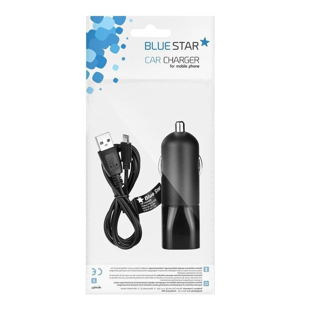BlueStar Automobilinis įkroviklis Blue Star USB A 2A + laidas USB A į Micro USB juodas