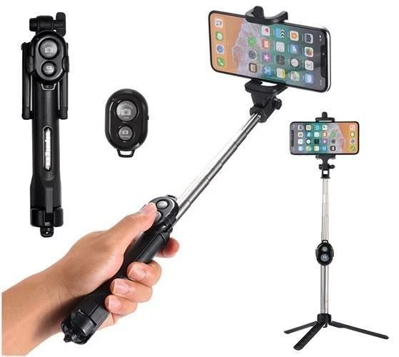 Oem Bluetooth asmenukių lazda su trikoju ir nuotolinio valdymo pulteliu, selfie stick, juoda