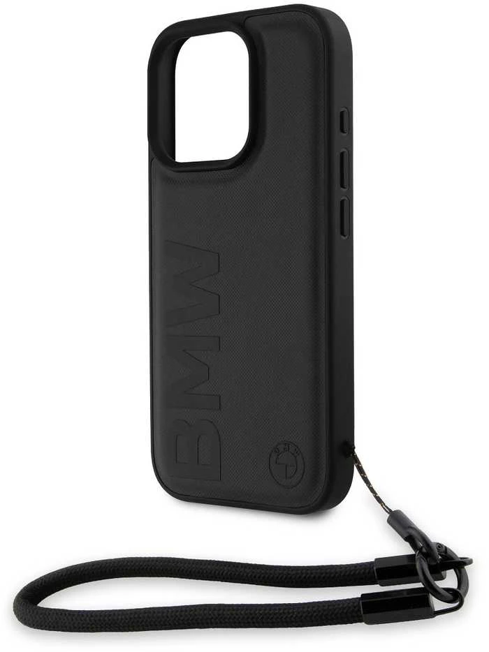 BMW Leather Signature and Strap Apple iPhone 16 Pro dėklas telefonui juodos spalvos