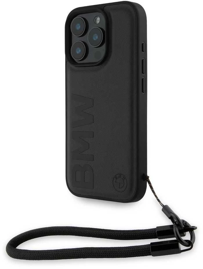 BMW Leather Signature and Strap Apple iPhone 16 Pro dėklas telefonui juodos spalvos