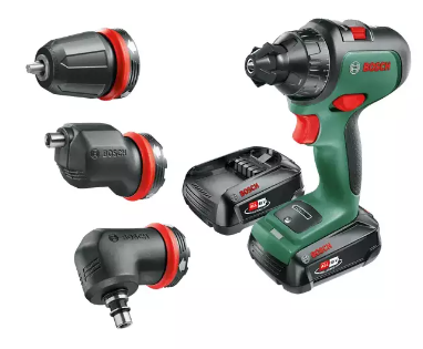 Bosch AdvancedDrill 18 2x 2,5 Ah baterija / įkroviklis / dėklas / kampas ir ekscentrinis priedas