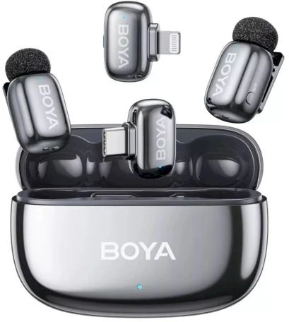 BOYA belaidis mikrofonas „Mini 2-01“ 2,4 GHz, su dirbtinio intelekto valdomu triukšmo slopinimu, 2 siųstuvais ir 2 imtuvais („Type-C“ ir „Lightning“), pilkos spalvos, ES