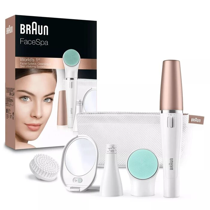 SE851v Braun FaceSpa veido epiliatorius ir šepetėlis + veidrodėlis su šviesa + kosmetinė