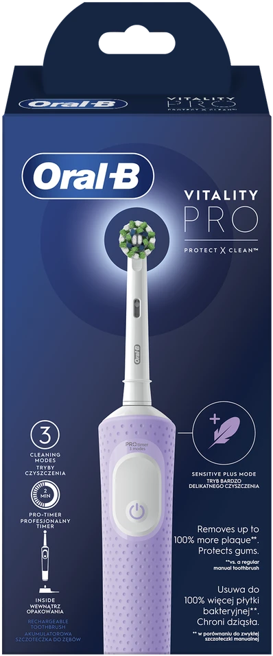 Braun Oral-B | Elektrinis dantų šepetėlis | D103 Vitality Pro | Įkraunamas | Suaugusiems | Šepetėlių skaičius galvutės įeina 1 | Number of teeth brushing modes 3 | Lilac Mist