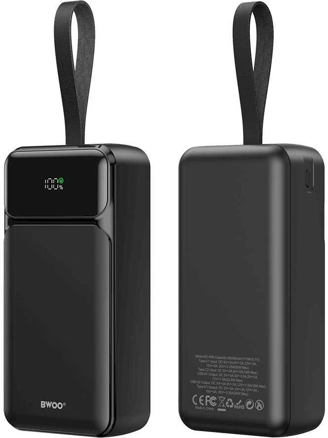 BWOO 65W išorinė baterija 30000 mAh 2x USB-A, 1 x USB-C su LCD ekranu, juoda