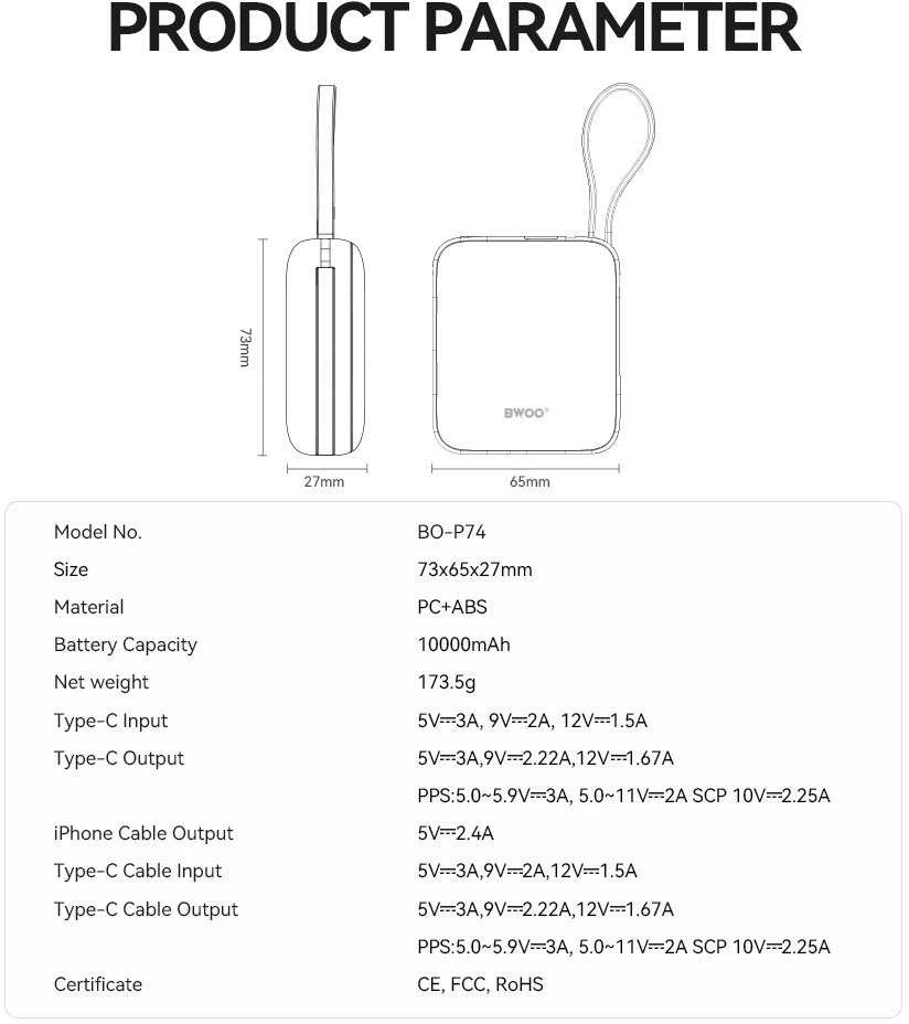 BWOO P74 išorinė baterija 22,5 W 10000 mAh