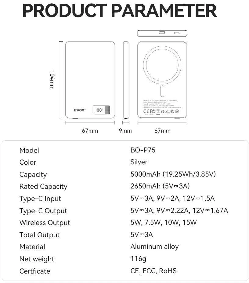 BWOO aliumininė magnetinė išorinė baterija P75 PD 20W 5000 mAh su skaitmeniniu ekranu ir USB-C jungtimi, sidabrinė