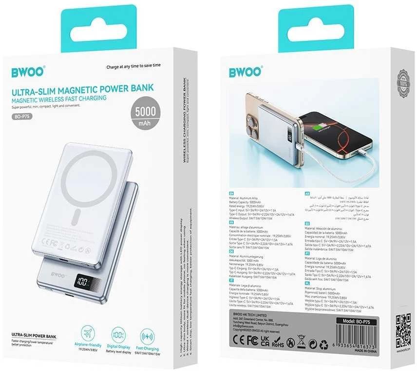 BWOO aliumininė magnetinė išorinė baterija P75 PD 20W 5000 mAh su skaitmeniniu ekranu ir USB-C jungtimi, sidabrinė