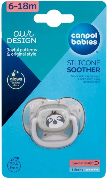 CANPOL BABIES silikoninis simetriškas čiulptukas, 6-18M, iliustracija: Mielas tinginys