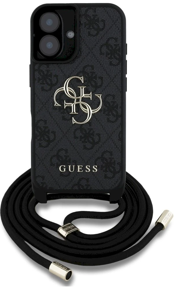 Dėklas Guess 4G Big Logo Cord Stap Crossbody Apple iPhone 16 Plus juodos spalvos