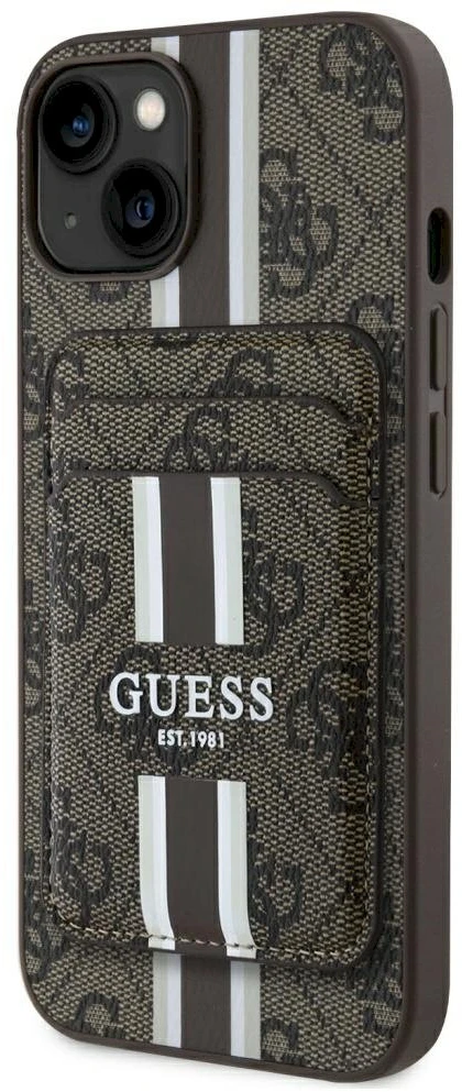 Dėklas Guess 4G Stripes with wallet Magsafe Apple iPhone 15 rudos spalvos