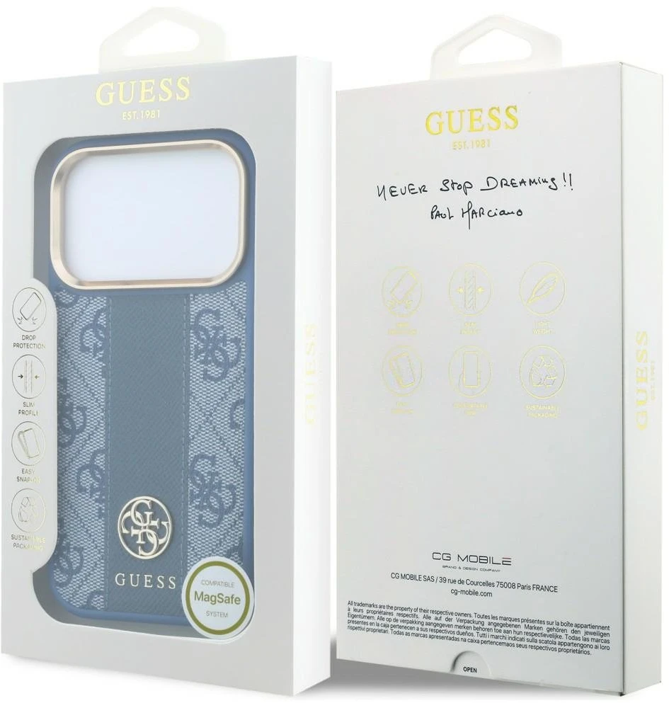 Dėklas Guess Case for IPHONE 18 Pro Max/17 Pro Max compatible with MagSafe (Stripe Round and Classic Logos 4G) light mėlynas