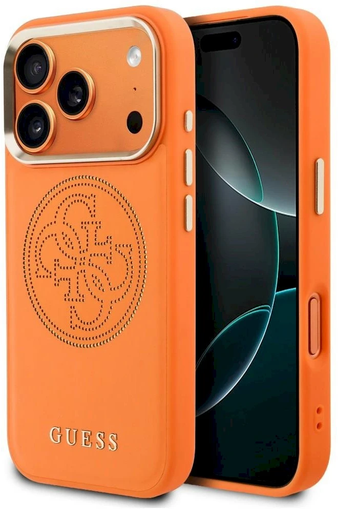 Guess PU Perforated 4G Logo MagSafe dėklas skirtas iPhone 17 Pro Max oranžinės spalvos