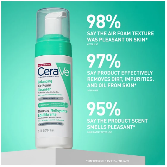 CeraVe Balancing Air Foam Valiklis valomosios veido putos, 148 ml