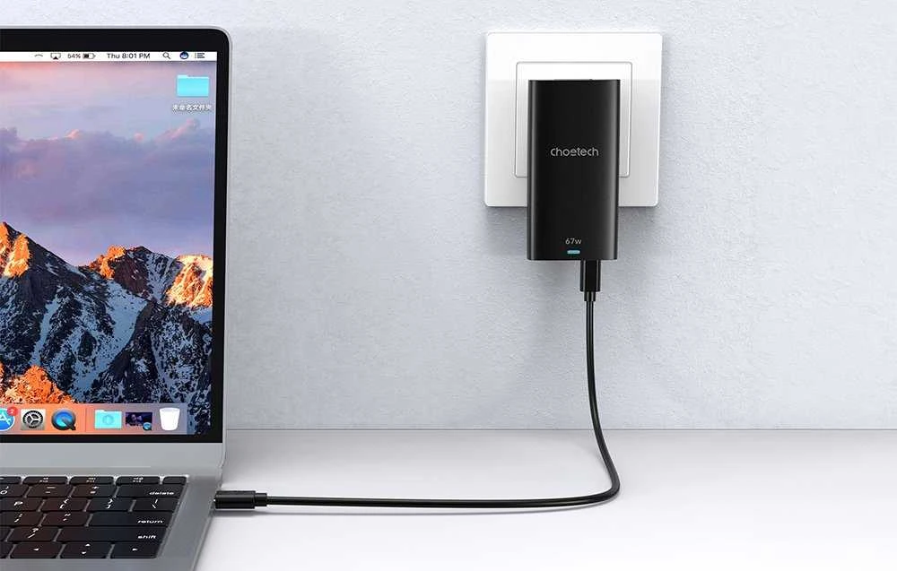 Mini kelioninis sieninis įkroviklis Choetech PD6011 PD65W GaN plonas USB-A+C (juodas)