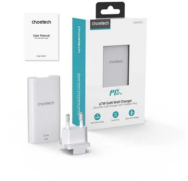 Mini kelioninis sieninis įkroviklis Choetech PD6011 PD65W GaN plonas USB-A+C (baltas)