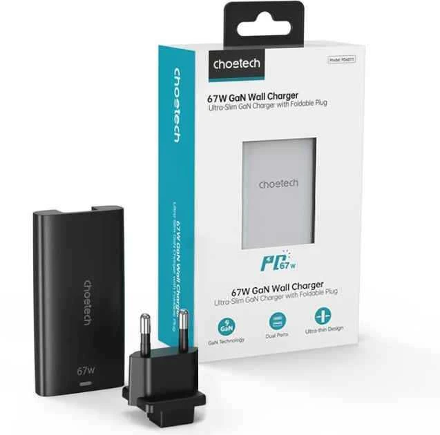 Mini kelioninis sieninis įkroviklis Choetech PD6011 PD65W GaN plonas USB-A+C (juodas)