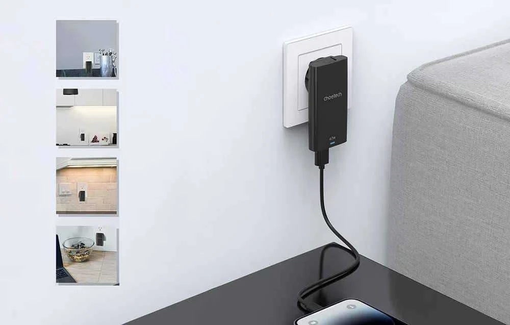 Mini kelioninis sieninis įkroviklis Choetech PD6011 PD65W GaN plonas USB-A+C (juodas)