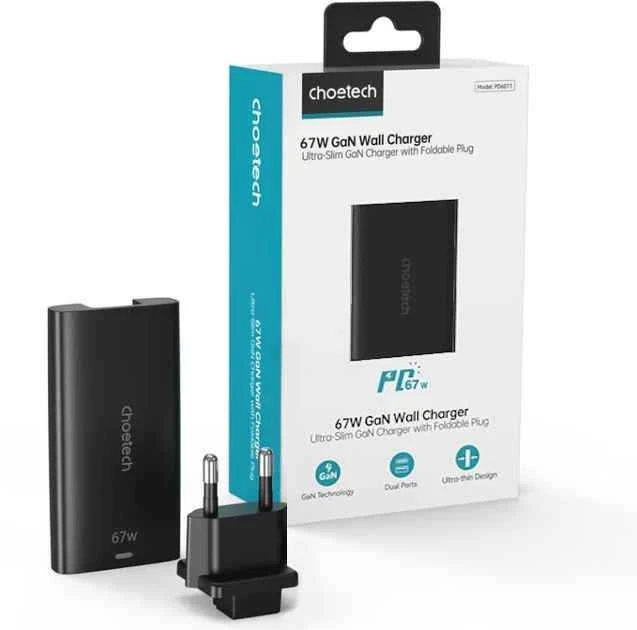 Mini kelioninis sieninis įkroviklis Choetech PD6011 PD65W GaN plonas USB-A+C (juodas)