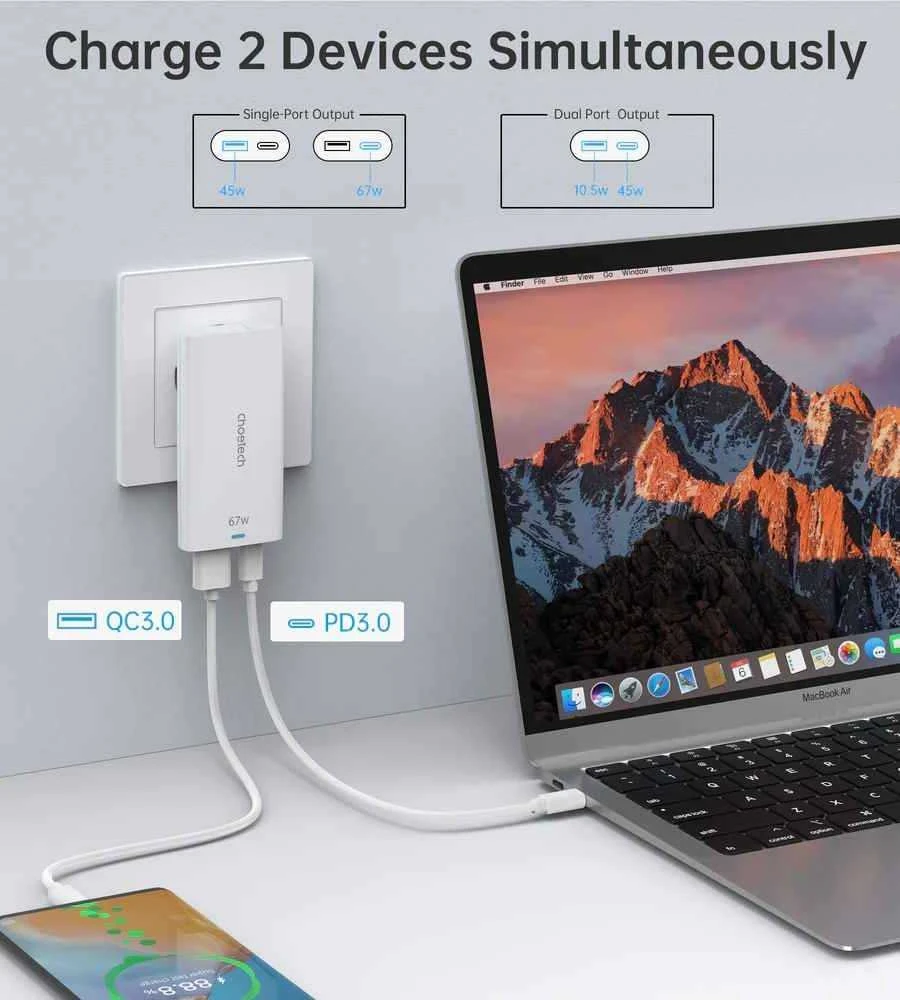 Mini kelioninis sieninis įkroviklis Choetech PD6011 PD65W GaN plonas USB-A+C (baltas)