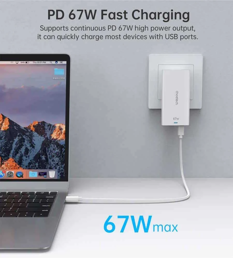 Mini kelioninis sieninis įkroviklis Choetech PD6011 PD65W GaN plonas USB-A+C (baltas)