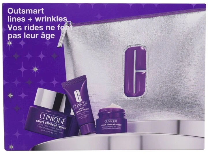 Veido ir kaklo priežiūros rinkinys Clinique Smart Clinical Repair: stangrinamasis kremas (50 ml) + raukšlių serumas (10 ml) + paakių kremas (5 ml) + kosmetinė