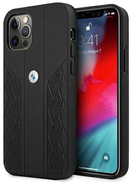 BMW BMHCP12LRSPPK Apple iPhone 12 Pro Max 6,7″ juodos spalvos kietas dėklas Leather Curve Perforate