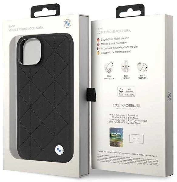 BMW telefono dėklas iPhone 14 6,1 BMHCP14S22RQDK juodas hard telefono dėklas Leather Quilted