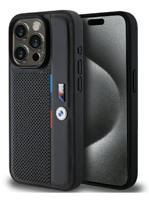 Dėklas BMW BMHCP15M23 PUPVK Apple iPhone 15 Plus 14 Plus 6.7″ juodos spalvos kietas dėklas Perforated Tricolor Line