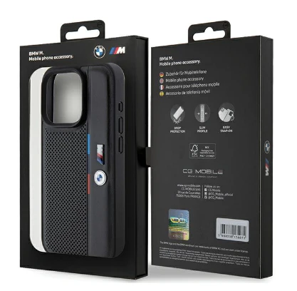 Dėklas BMW BMHCP15M23 PUPVK Apple iPhone 15 Plus 14 Plus 6.7″ juodos spalvos kietas dėklas Perforated Tricolor Line