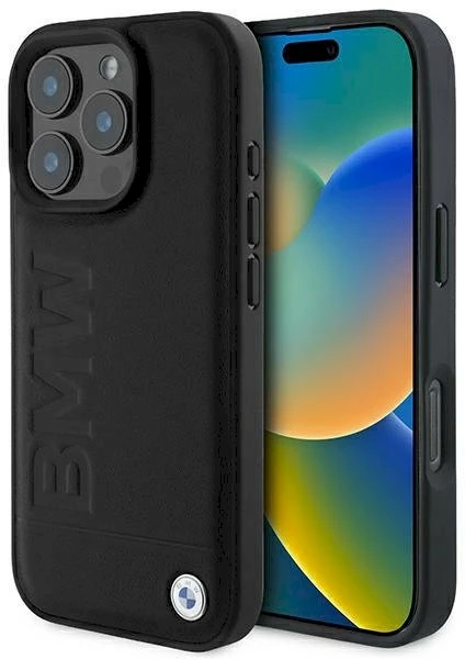 BMW BMHCP16LSLLBK iPhone 16 Pro 6.3″ juodos spalvos kietas dėklas Leather Hot Stamp