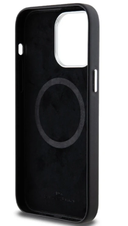 Dėklas BMW BMHMP15S23PUFWK Apple iPhone 15 / 14 / 13 6.1″ juodos spalvos Signature Wrapped Metal MagSafe