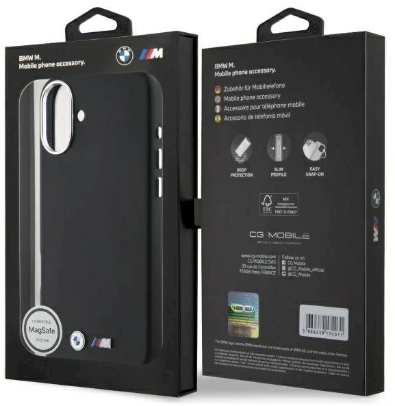 BMW BMHMP16M23 PMWK iPhone 16 Plus 6,7″ juodos spalvos kietas dėklas M Smooth Full Wrapped Metal MagSafe