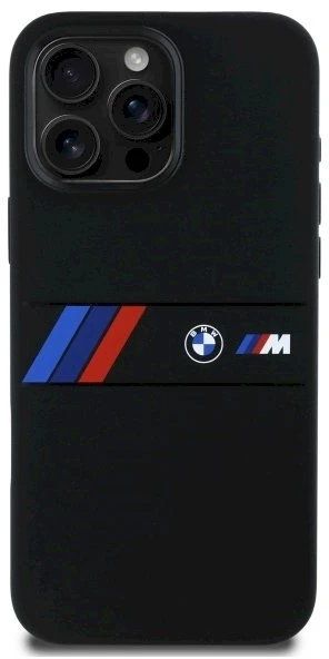 BMW BMHMP16X23SAXK iPhone 16 Pro Max 6.9″ juodos spalvos kietas dėklas Silicone Middle Stripe MagSafe