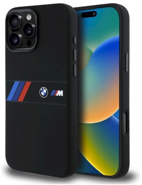 BMW BMHMP16X23SAXK iPhone 16 Pro Max 6.9″ juodos spalvos kietas dėklas Silicone Middle Stripe MagSafe