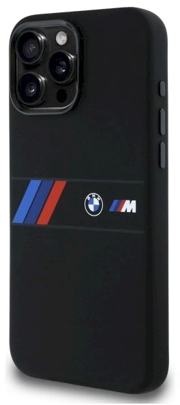 BMW BMHMP16X23SAXK iPhone 16 Pro Max 6.9″ juodos spalvos kietas dėklas Silicone Middle Stripe MagSafe
