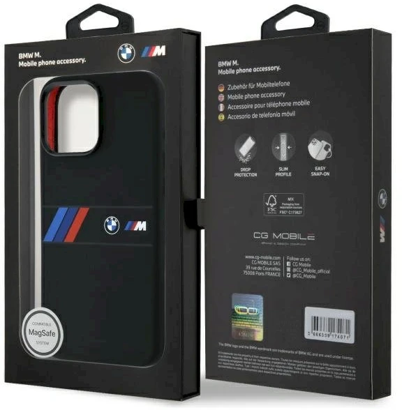 BMW BMHMP16X23SAXK iPhone 16 Pro Max 6.9″ juodos spalvos kietas dėklas Silicone Middle Stripe MagSafe