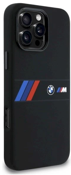 BMW BMHMP16X23SAXK iPhone 16 Pro Max 6.9″ juodos spalvos kietas dėklas Silicone Middle Stripe MagSafe