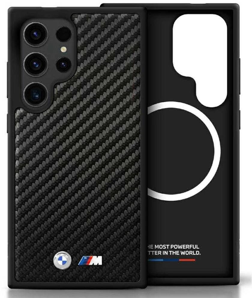 Dėklas BMW Leather Carbon MagSafe Samsung Galaxy S25 Ultra juodos spalvos