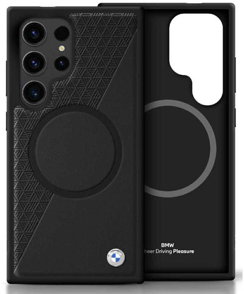 Dėklas BMW Leather Half Textured MagSafe Samsung Galaxy S25 Ultra juodos spalvos