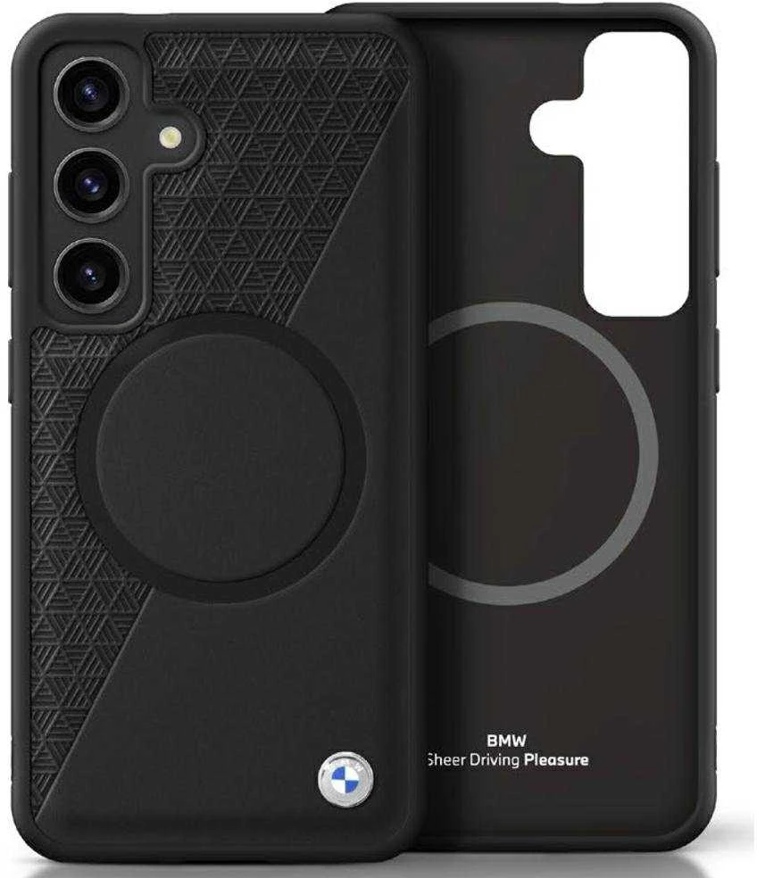 Dėklas BMW Leather Half Textured MagSafe Samsung Galaxy S25 juodos spalvos