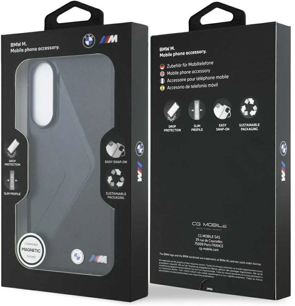 Dėklas BMW Leather Oversized Stripes MagSafe Samsung Galaxy S25 Edge juodos spalvos