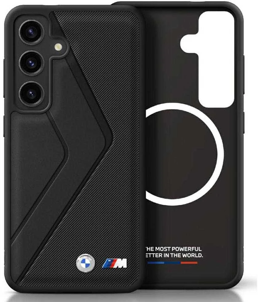 Dėklas BMW Leather Oversized Stripes MagSafe Samsung Galaxy S25 juodos spalvos