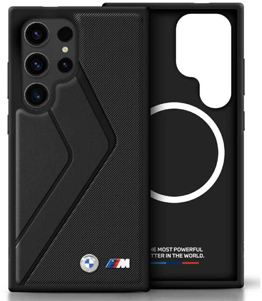 Dėklas BMW Leather Oversized Stripes MagSafe Samsung Galaxy S25 Ultra juodos spalvos
