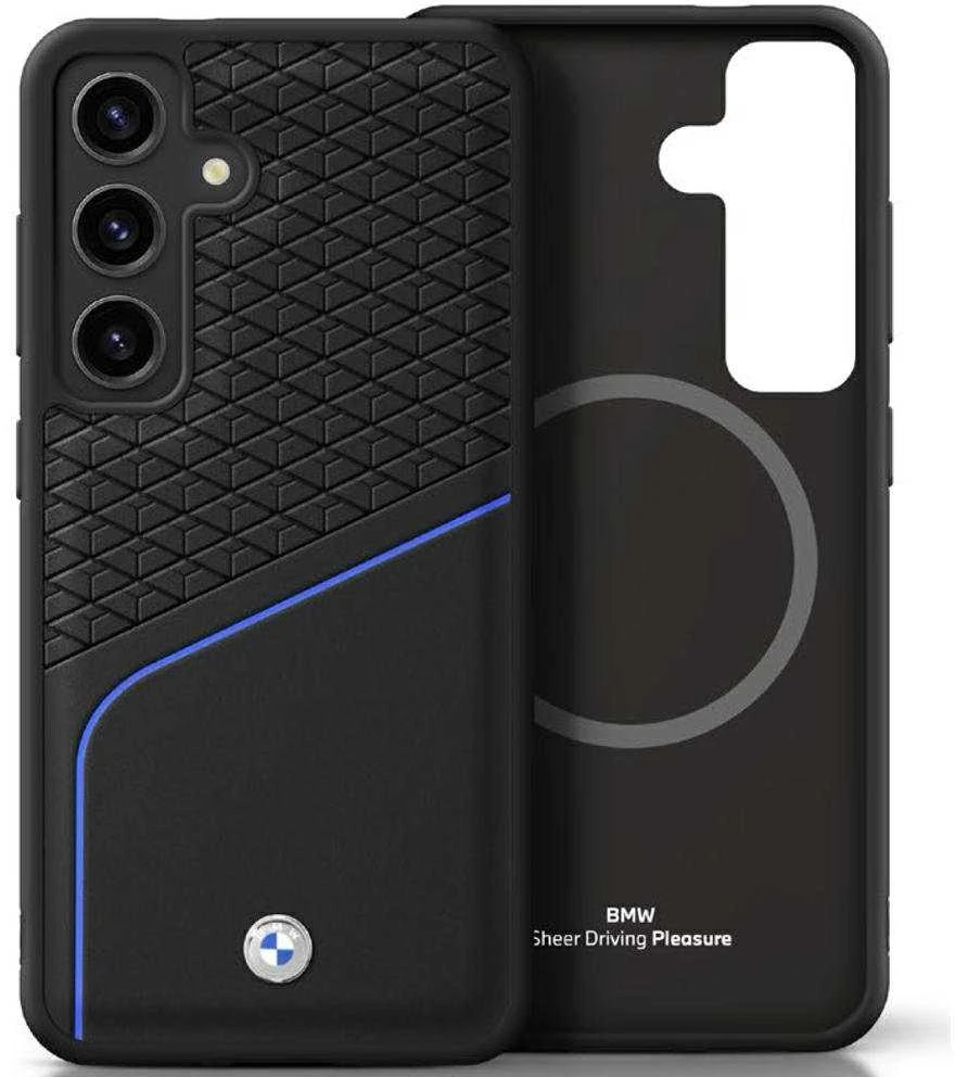Dėklas BMW Leather Textured and Smooth MagSafe Samsung Galaxy S25 juodos spalvos