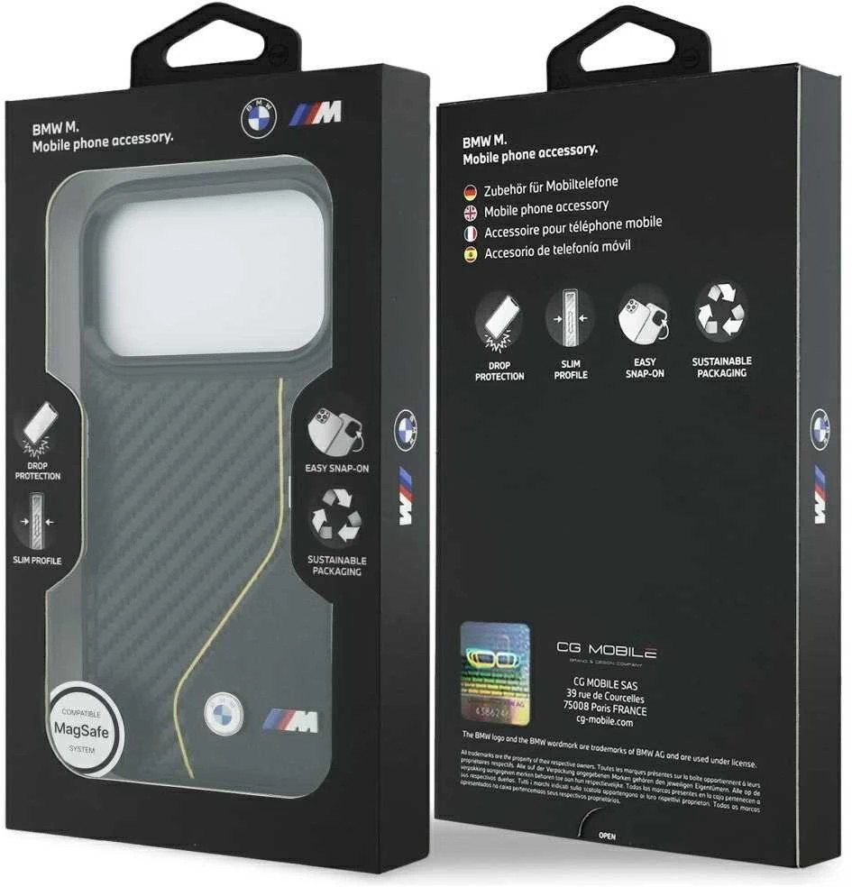 Dėklas BMW M Carbon Line ir MagSafe logotipas Apple iPhone 17 Pro, geltonas
